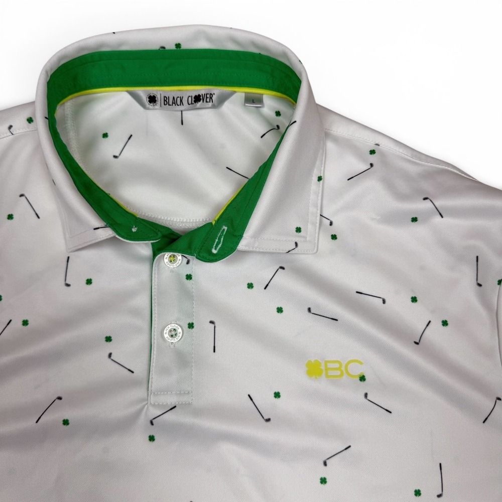 Black Clover Live Lucky Mens White Golf Polo Shirt Clover Club Print Large